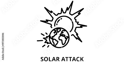 Solar storm and geomagnetic flare hitting planet Earth concept icon. Vector line art illustration of solar attack, space weather, and coronal mass ejection impacting the globe in flat outline style.