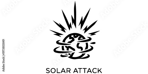 Solar storm and geomagnetic flare hitting planet Earth concept icon. Vector line art illustration of solar attack, space weather, and coronal mass ejection impacting the globe in flat outline style.