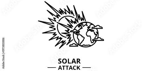 Solar storm and geomagnetic flare hitting planet Earth concept icon. Vector line art illustration of solar attack, space weather, and coronal mass ejection impacting the globe in flat outline style.