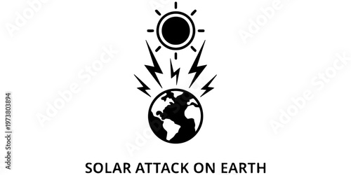 Solar storm and geomagnetic flare hitting planet Earth concept icon. Vector line art illustration of solar attack, space weather, and coronal mass ejection impacting the globe in flat outline style.