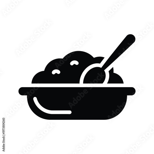 A stylized depiction of a frying pan with food being cooked and a spatula