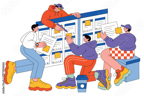 Team of young adults organizing documents and managing tasks on a large kanban board.