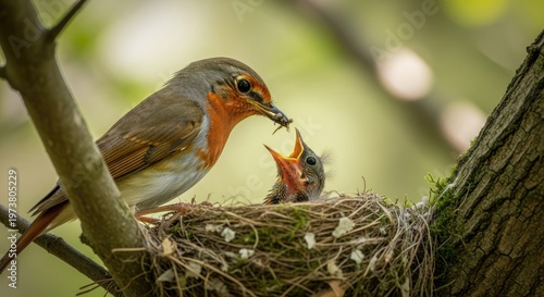 Robin bird feeding a nestling in a tree nest close up in natural environment