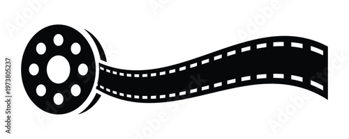 Film reel with movie strip solid icon. Film making equipment icon for cinema production video editing media design. Simple black film reel with wavy film strip.