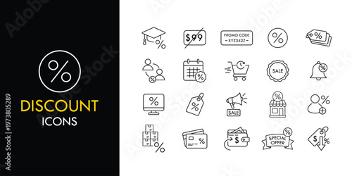 Discount line icon set, outline web icon collection containing Sale, Coupon, Offer and more, vector illustration in line style