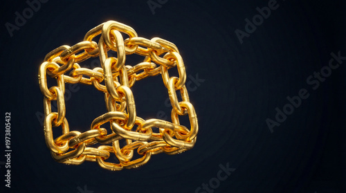 3D render of golden chain links forming tangled sphere on dark background