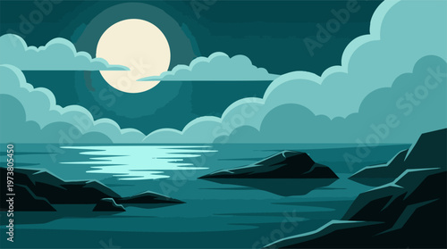 Minimalist Vector Illustration of Full Moon over Serene Ocean at Night