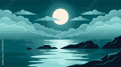 Moonlit night landscape with serene water, rocky shores, and clouds