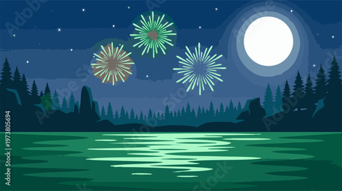 Night landscape with colorful fireworks, full moon, lake, and forest