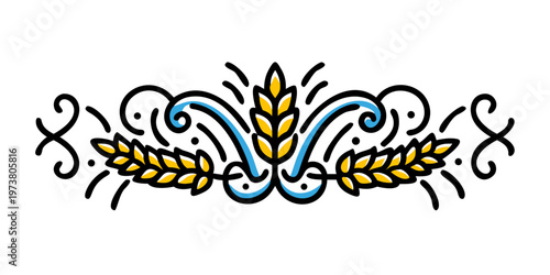 Stylized wheat ears with ornamental blue and yellow swirls, vector