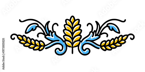 Stylized wheat ornament in blue and yellow colors, vector