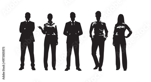 A diverse group of five individuals standing together in a professional and inclusive pose