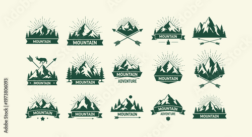 Collection of 15 Retro Mountain Adventure Logos - Vintage Outdoor Badges for Hiking and Camping