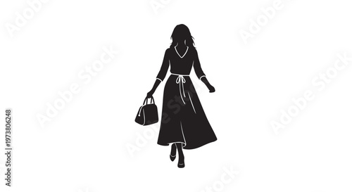 a woman in a black dress with a white purse posing in a studio setting