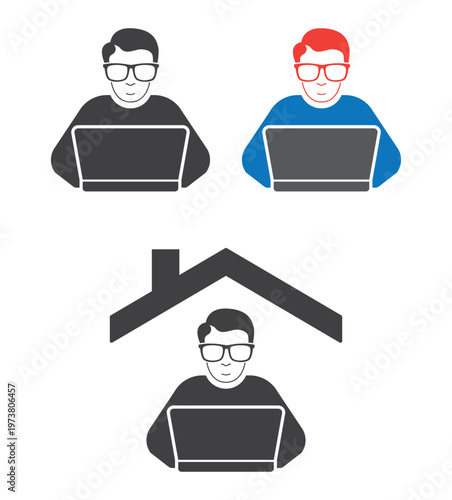  man geek programmer work at laptop computer under house roof.