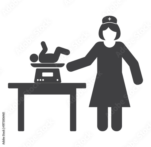 Woamn nurse with newborn baby on digital scale medical icon