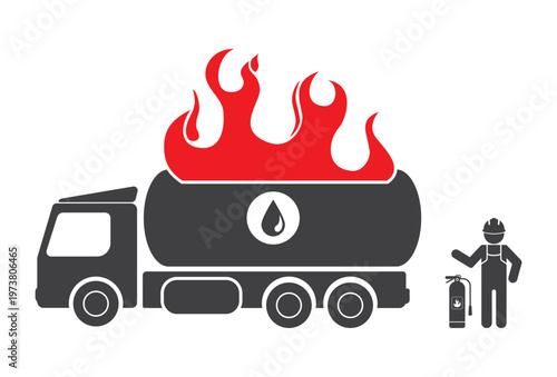 Firefighter extinguisher and fuel transportation truck is on fire icon