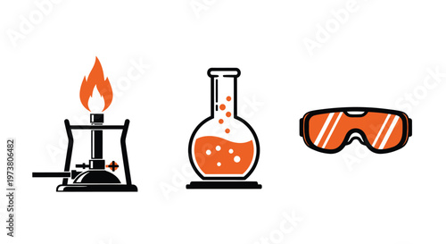 Vector Illustration Of Laboratory Equipment With Bunsen Burner, Beaker, And Safety Goggles For Science And Education Medical Health Icons Isolated On Transparent Background