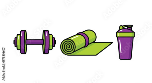 Vector Illustration Of Fitness Equipment With Dumbbell, Yoga Mat, And Shaker Bottle For Workout And Healthy Lifestyle Medical Health Icons Isolated On Transparent Background