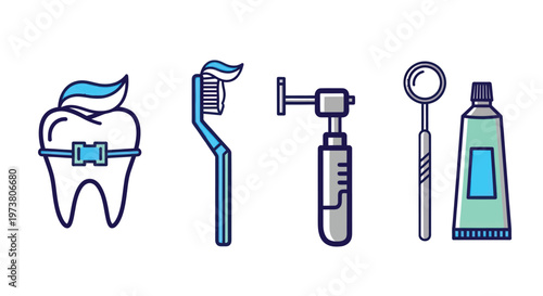 Vector Illustration Of Dental Care Tools And Tooth With Orthodontic Bracket For Oral Health And Hygiene Concept Medical Health Icons Isolated On Transparent Background