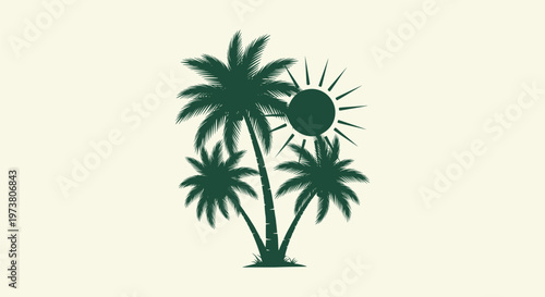 Minimalist Green Silhouette of Tropical Palm Trees and Sun over a Neutral Background Illustration