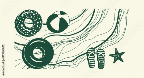 Monochrome Summer Beach Vacation Illustration with Inflatable Rings Beach Ball and Flip Flops Art