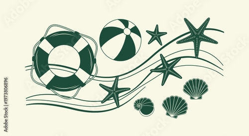 Vintage Green and Cream Beach Scene with Sea Shells Starfish Life Buoy and Playful Beach Ball Art.