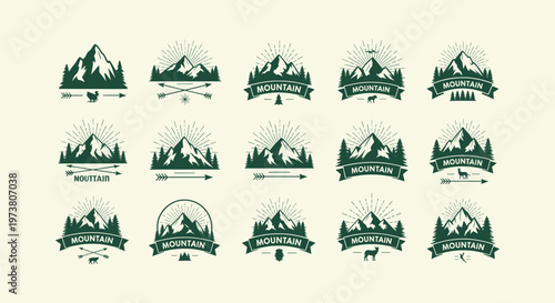 Vintage Mountain Logo Badges Set with Pine Trees, Sunburst and Wildlife for Outdoor Adventure Brand