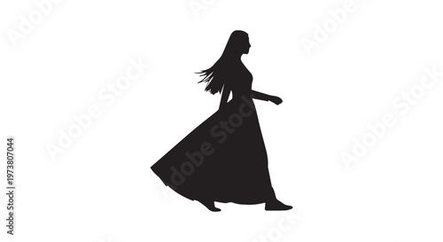 A minimalist silhouette of a woman in an elegant black dress standing with grace and style