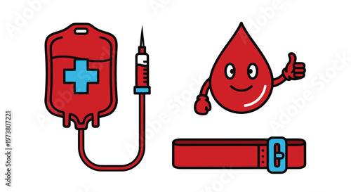 Vector Illustration Of Blood Donation Concept With Iv Bag, Syringe, Blood Drop Character And Tourniquet For Healthcare Marketing Medical Health Icons Isolated On Transparent Backgr