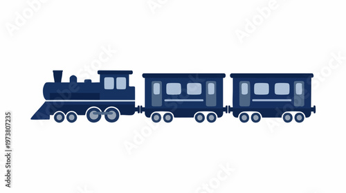 Minimalist blue train with engine and two passenger carriages on white background