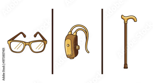 Vector Illustration Of Glasses, Hearing Aid, And Cane For Senior Assistance And Accessibility Medical Health Icons Isolated On Transparent Background