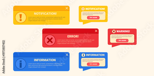 Reminder UI window. Digital popup notification showing system alert message with caution icon, designed for mobile and computer interface applications with clear UI elements. Vector