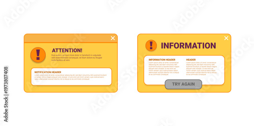 Reminder UI window. Digital popup notification showing system alert message with caution icon, designed for mobile and computer interface applications with clear UI elements. Vector