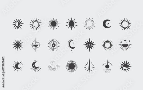 Diverse celestial and astronomical symbols featuring sun, moon, and stars in various styles Vector