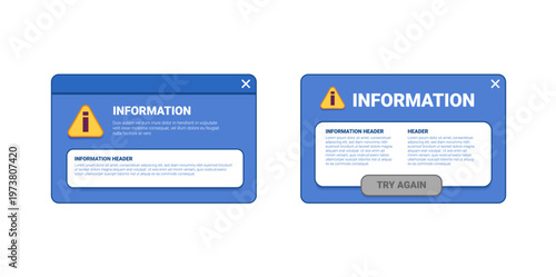 Reminder UI window. Digital popup notification showing system alert message with caution icon, designed for mobile and computer interface applications with clear UI elements. Vector