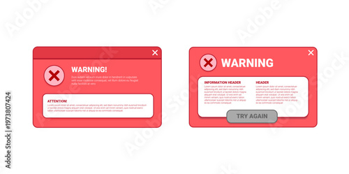 Reminder UI window. Digital popup notification showing system alert message with caution icon, designed for mobile and computer interface applications with clear UI elements. Vector