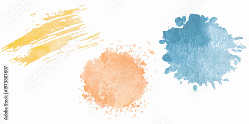Isolated set of abstract watercolor brush strokes and makeup powder heaps in blue and brown color on a white background closeup
