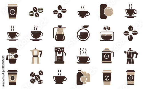 Collection of diverse coffee preparation and serving icons Vector