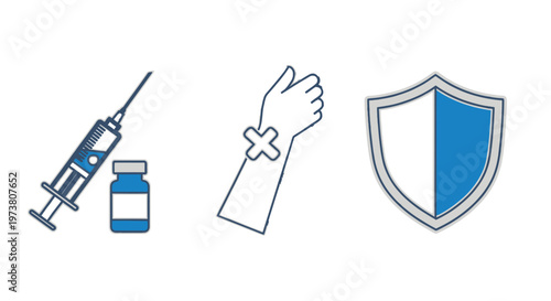 Vector Illustration Of Syringe, Bandaged Arm And Shield For Healthcare And Medical Protection Concept Medical Health Icons Isolated On Transparent Background