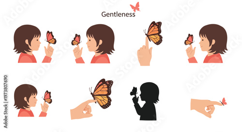 Children interacting with butterflies in a series of playful illustrations