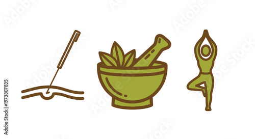 Vector Illustration Of Acupuncture Needle, Mortar And Pestle With Herbs, And Yoga Pose For Holistic Health And Wellness Concept Medical Health Icons Isolated On Transparent Backgro