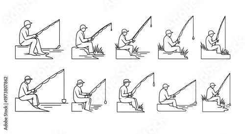 Line art illustration depicting various men fishing from different spots