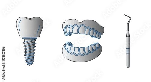 Dental Implant Vector Illustration With Prosthetic Teeth And Implant Tool For Healthcare And Dentistry Marketing Medical Health Icons Isolated On Transparent Background