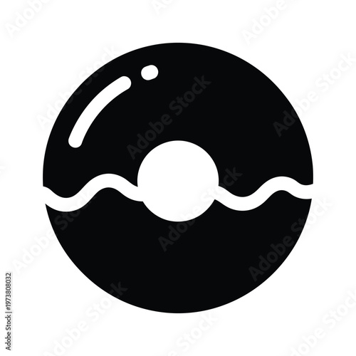 A stylized black and white depiction of a doughnut with a bite taken out.