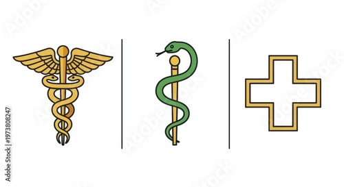 Vector Illustration Of Medical Symbols Including Rod Of Asclepius, Caduceus And Cross For Healthcare Marketing Medical Health Icons Isolated On Transparent Background