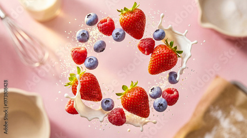 Fresh berries splashing into milk on pink background with copy space