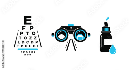 Vector Illustration Of Eye Care Concept With Eye Chart, Binoculars, And Eye Drops For Healthcare And Medical Marketing Medical Health Icons Isolated On Transparent Background