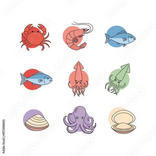 Seafood Collection: Crab, Shrimp, Fish, Squid, Octopus, Clams - Flat Icons