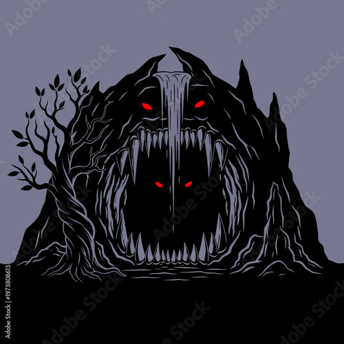 Scary Cave Entrance with Red Eyes and Waterfall, Dark Fantasy Landscape